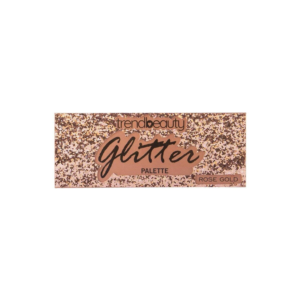 Caja de paleta de sombras con glitter en tono rose-gold con la etiqueta "trendbeauty Glitter Palette", presentada sobre un fondo blanco; su empaque lleno de brillo se siente glamoroso y festivo.
