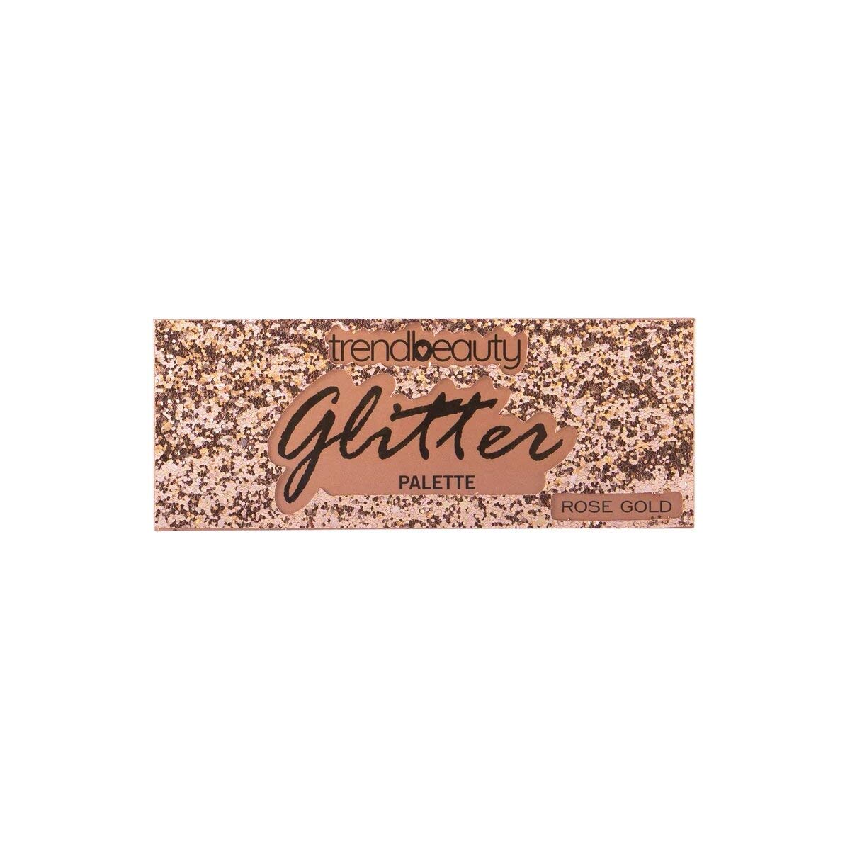 Caja de paleta de sombras con glitter en tono rose-gold con la etiqueta "trendbeauty Glitter Palette", presentada sobre un fondo blanco; su empaque lleno de brillo se siente glamoroso y festivo.