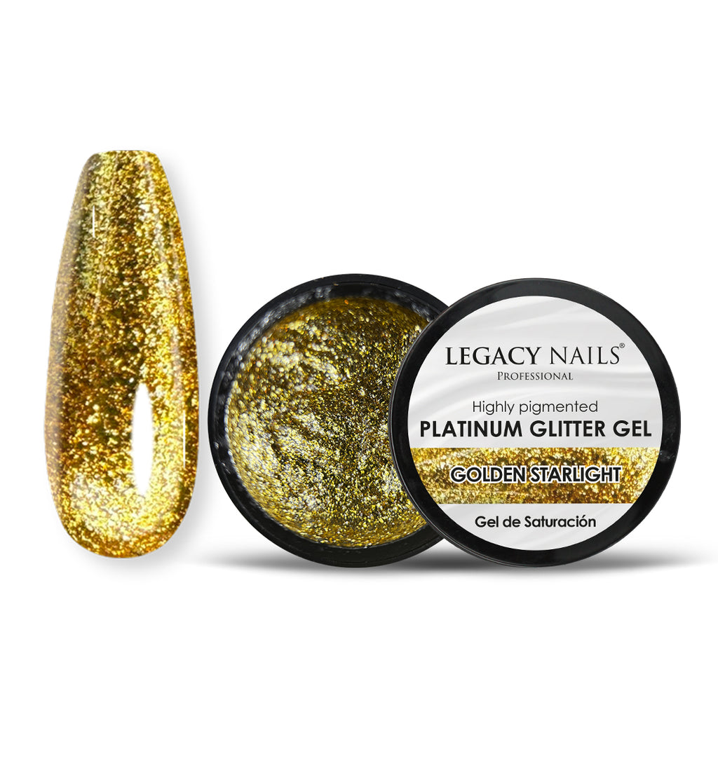Golden Starlight, gel de glitter platino de Legacy Nails Professional, mostrado en un pot abierto negro junto a un swatch de uña con glitter dorado; acabado brillante y glamuroso.