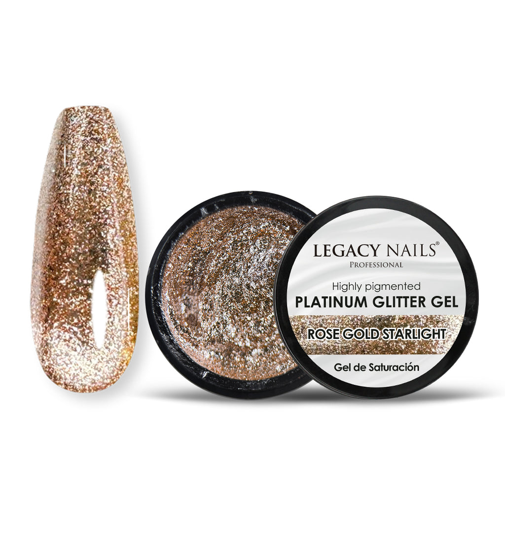 Rosegold Starlight, gel de glitter platino de Legacy Nails Professional, mostrado en un pot abierto negro junto a un swatch de uña con glitter rosa dorado; acabado brillante y glamuroso.
