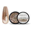 Rosegold Starlight, gel de glitter platino de Legacy Nails Professional, mostrado en un pot abierto negro junto a un swatch de uña con glitter rosa dorado; acabado brillante y glamuroso.