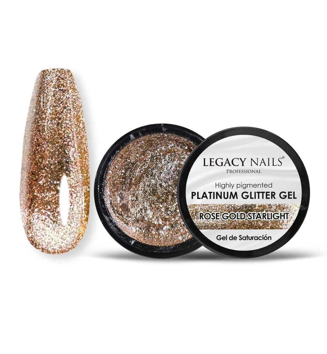 Rosegold Starlight, gel de glitter platino de Legacy Nails Professional, mostrado en un pot abierto negro junto a un swatch de uña con glitter rosa dorado; acabado brillante y glamuroso.