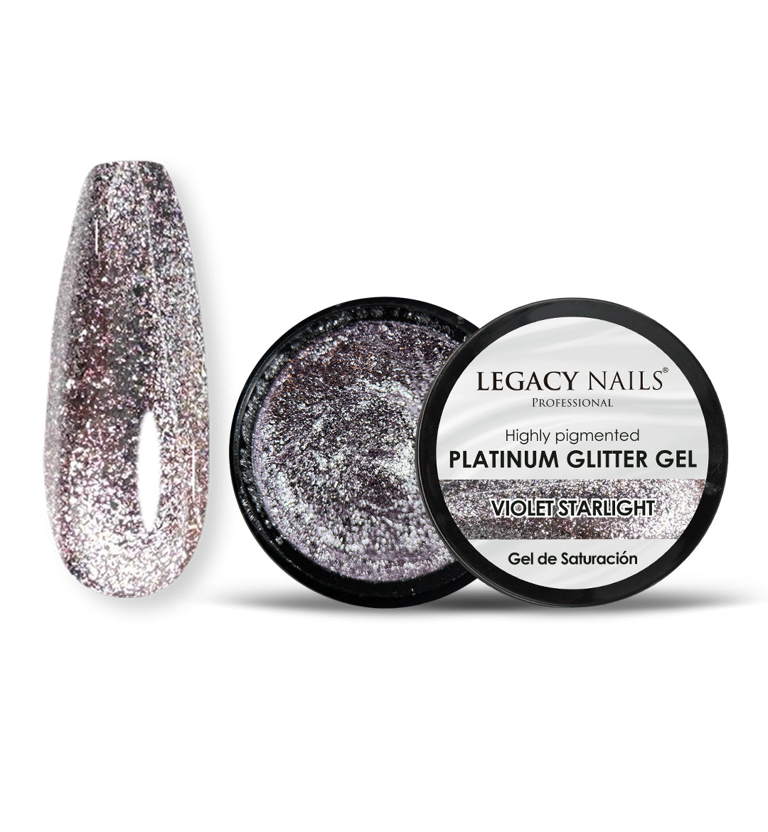 Violet Starlight, gel de glitter platino de Legacy Nails Professional, mostrado en un pot abierto negro junto a un swatch de uña con glitter violeta; acabado brillante y glamuroso.