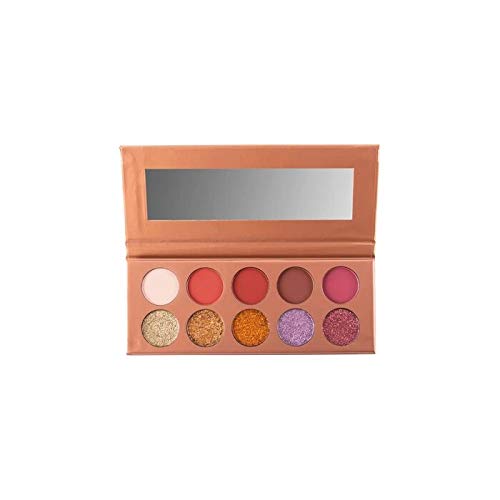 Paleta de sombras abierta en tono rose-gold con espejo rectangular y diez espacios redondos en neutros cálidos, rojos, malvas, dorados y tonos con glitter; un producto de belleza de acabado pulido.
