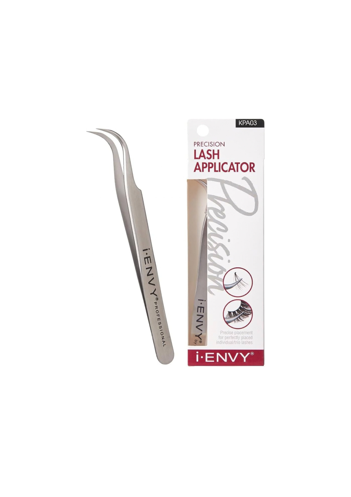 Aplicador de pestañas de precisión i·ENVY Professional en empaque pequeño y blanco, con puntas de pinzas curvas de acero inoxidable para la colocación precisa de pestañas individuales o en tira.