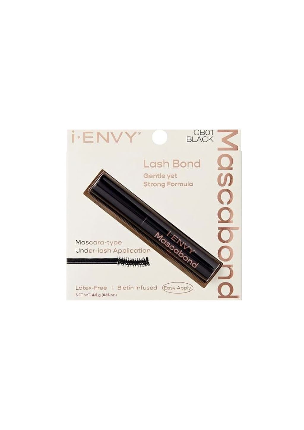 Caja de una pega de pestaña i-ENVY con un tubo negro mostrado en diagonal. Etiquetada como "Lash Bond" y "Gentle yet Strong Formula," con un tono limpio y sobrio. En un fondo blanco.