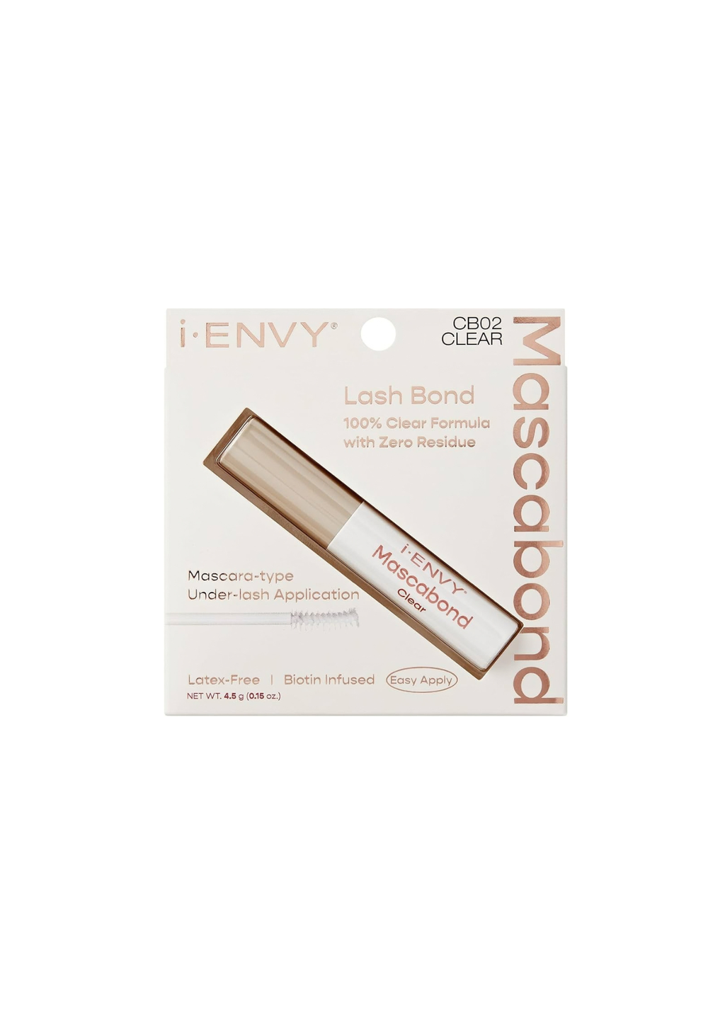 Caja de una pega de pestaña i-ENVY con un tubo blanco mostrado en diagonal. Etiquetada como "Lash Bond" y "Gentle yet Strong Formula," con un tono limpio y sobrio. En un fondo blanco.