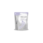 Una bolsa plateada y violeta del kit desechable de pedicura de Avry Beauty, con un gráfico de huella punteada, sobre fondo blanco; empaque de cuidado estético limpio y clínico.