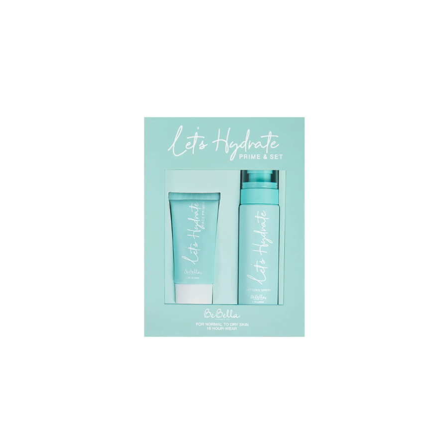 El set de cuidado de la piel "Let's Hydrate" de BeBella, en tono verde menta, presenta un tubo de primer y un spray fijador en una caja bien organizada, con un aire fresco y relajante.