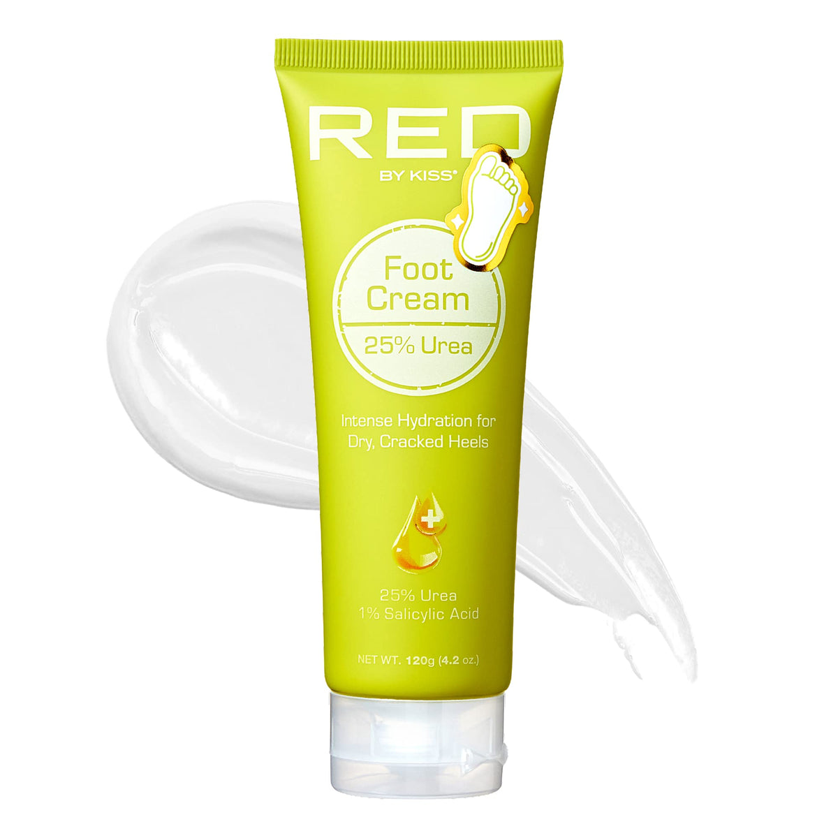 Un tubo amarillo brillante de la crema para pies con 25% de urea de RED by KISS se muestra frente a una muestra de crema sobre fondo blanco, promoviendo la hidratación para talones secos y agrietados.
