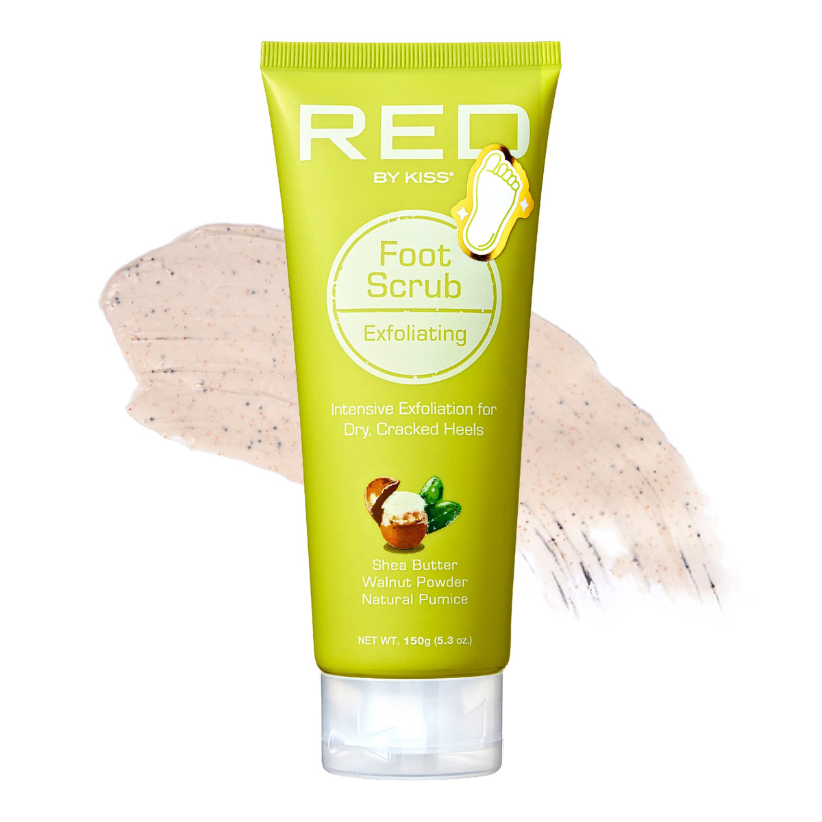 Un tubo verde brillante del exfoliante para pies RED by KISS se muestra frente a una muestra de crema exfoliante beige con gránulos, sugiriendo un producto fresco y práctico para el cuidado de los pies.