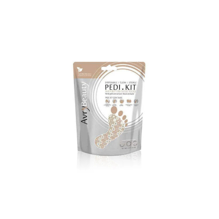 Una bolsa plateada y crema del kit desechable de pedicura de Avry Beauty, con un gráfico de huella punteada, sobre fondo blanco; empaque de cuidado estético limpio y clínico.